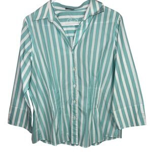 Foxcroft Womens Non Iron‎ Fitted Striped Button Shirt Size 10 Light Blue White M
